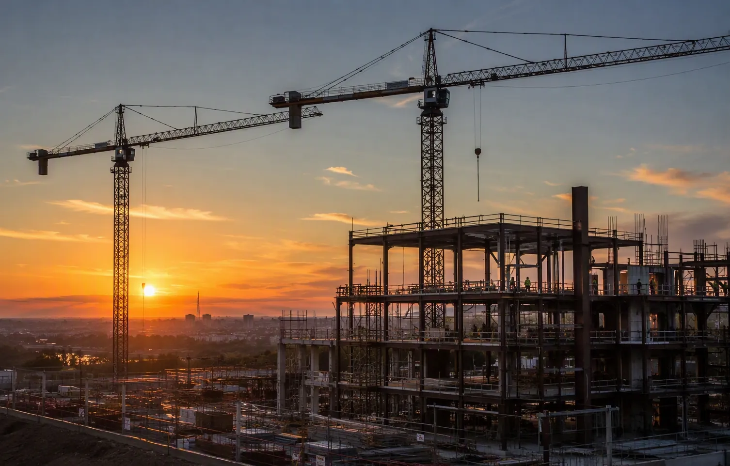 Commercial construction site at sunrise