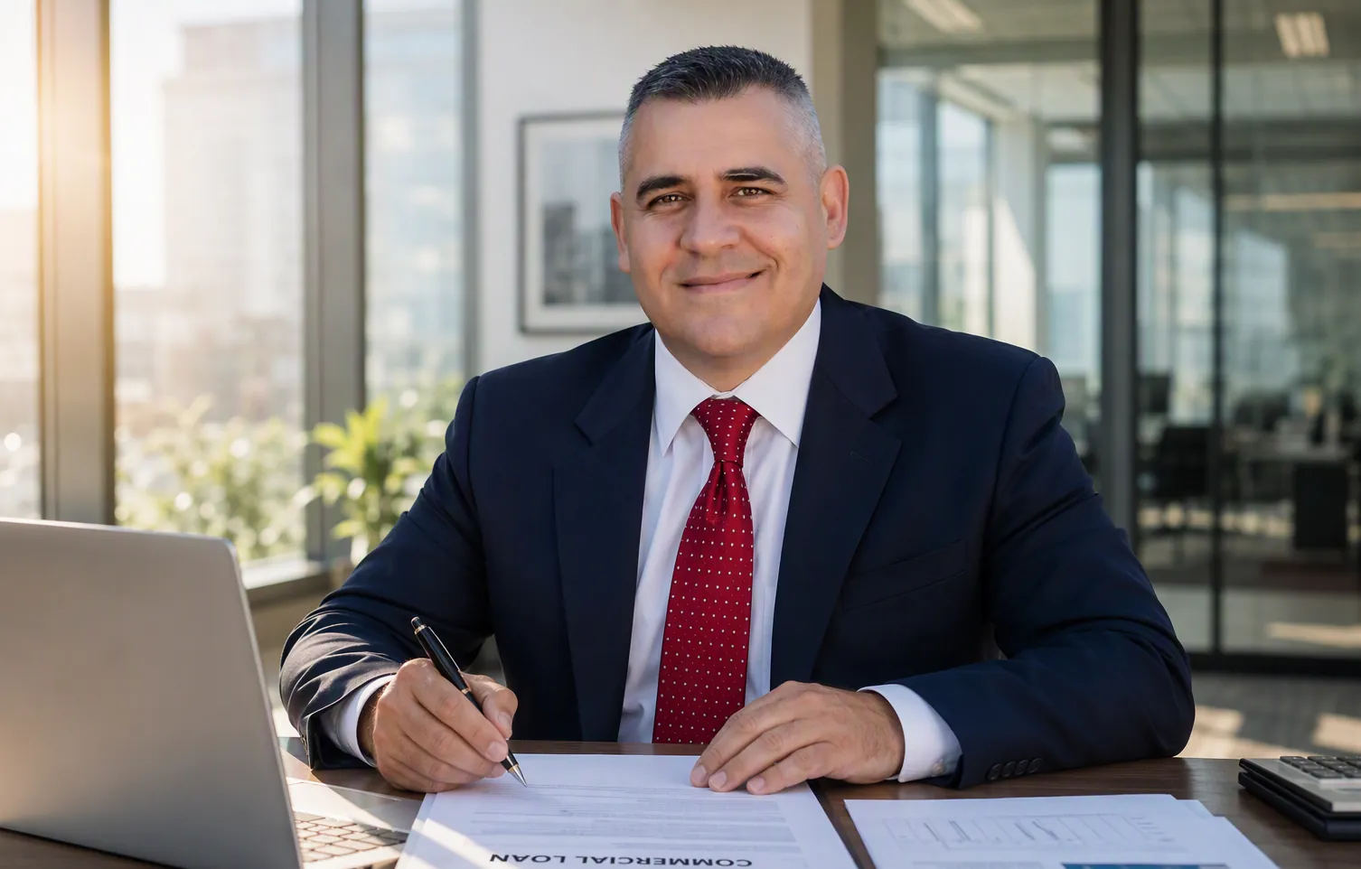Loan officer reviewing a declined commercial loan file