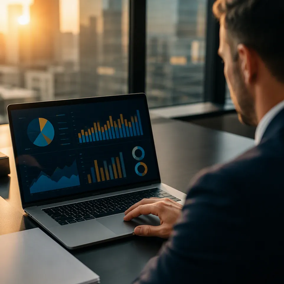 Analyst reviewing loan performance charts on a laptop